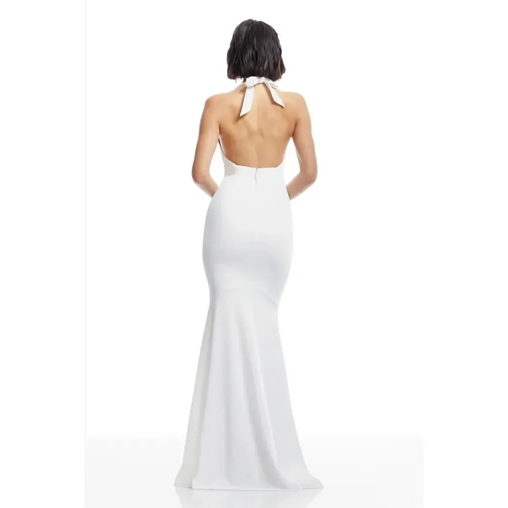 Dress the Population Camden Floor Length Formal Halter Neck Gown White Small